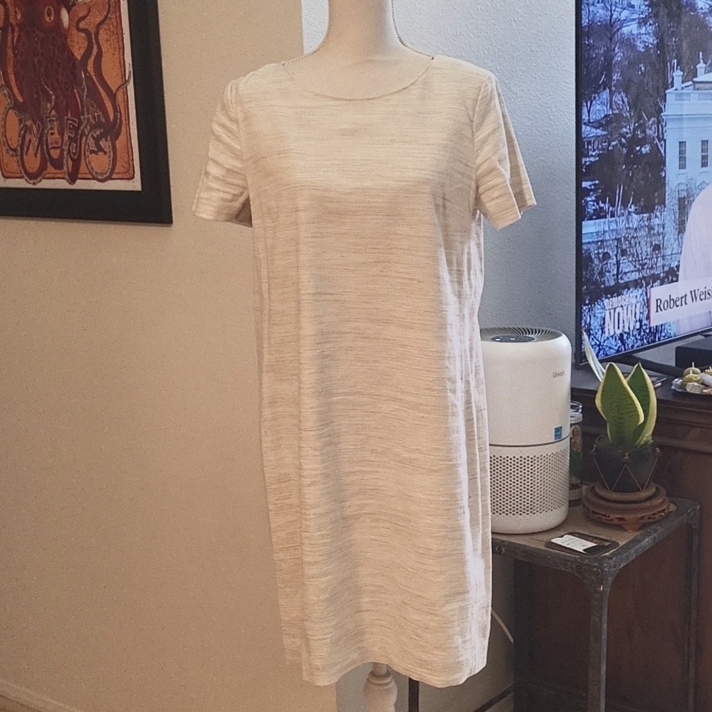 Theory Beige Short Sleeve Midi Dress Large Linen & Cotton Ecofriendly